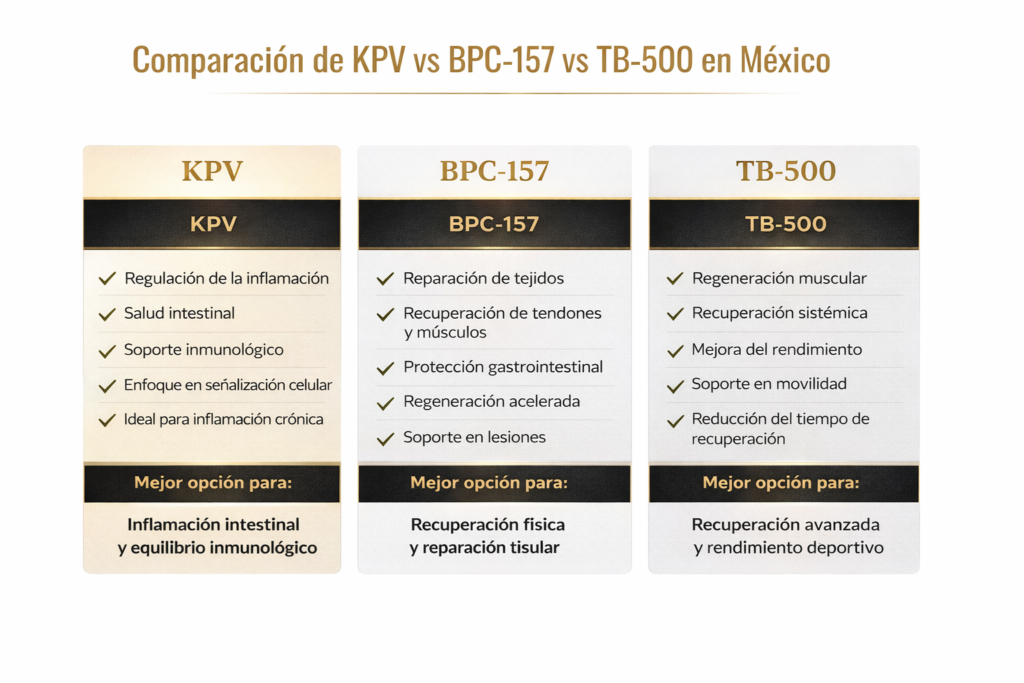 Tabla comparativa de péptidos KPV, BPC-157 y TB-500 en México para elegir el mejor según inflamación, regeneración y rendimiento