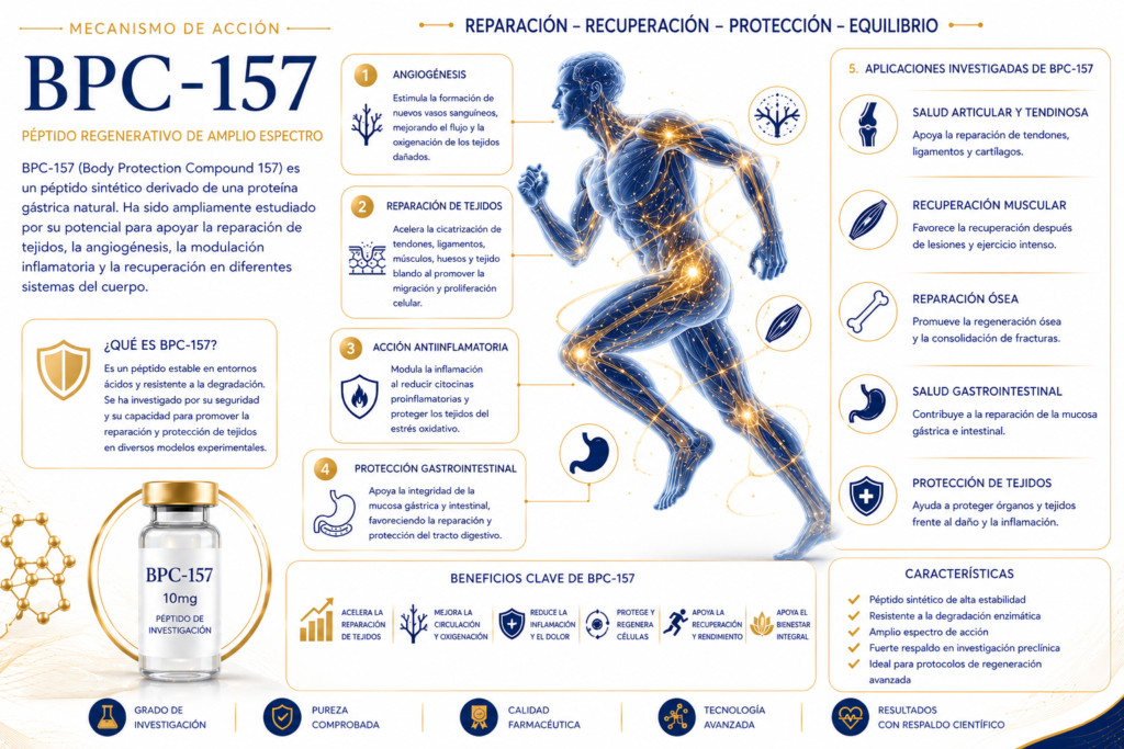BPC-157 en México infografía sobre reparación de tejidos, recuperación muscular, angiogénesis y péptidos regenerativos