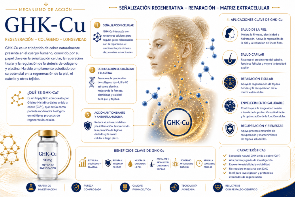 GHK-Cu en México infografía sobre regeneración celular, colágeno, reparación tisular y péptidos regenerativos