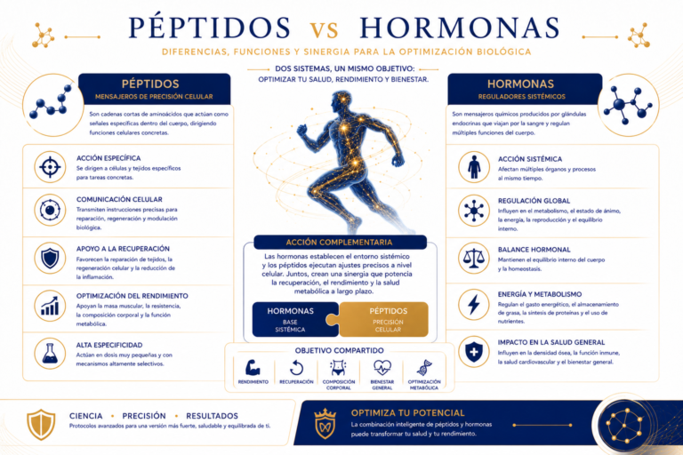 Infografía sobre péptidos vs hormonas en México y su función en recuperación, rendimiento físico y salud metabólica