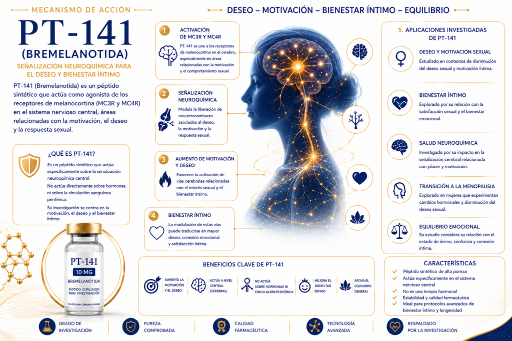 Infografía de PT-141 (Bremelanotida) mostrando señalización neuroquímica, motivación, bienestar íntimo y optimización hormonal en México