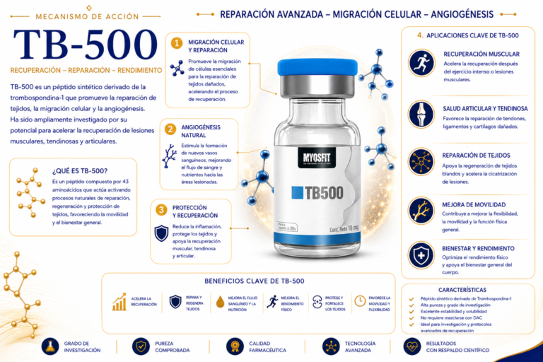 TB-500 en México infografía sobre recuperación muscular, regeneración celular, reparación de tejidos y péptidos regenerativos